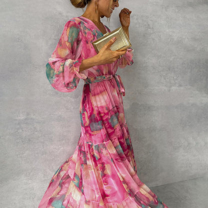 Wikkeljurk Dames – Maxi Jurk Met Bloemenpatroon En Lange Mouwen Elegante Stijl