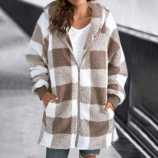 Geruite Damesjas met Capuchon – Warme en Stijlvolle Jas voor Herfst en Winter