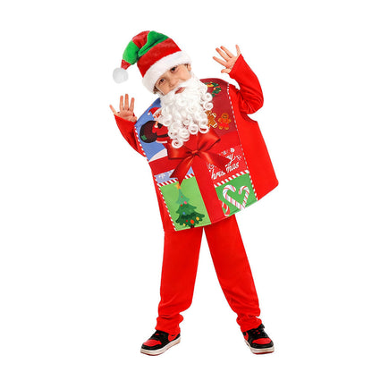 Kerstkostuum Kinderen Cadeaubox met Hoed en Baard Jumpsuit