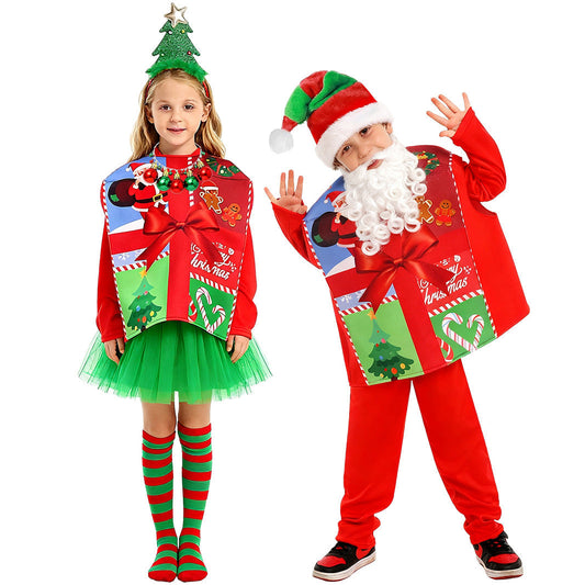 Kerstkostuum Kinderen Cadeaubox met Hoed en Baard Jumpsuit