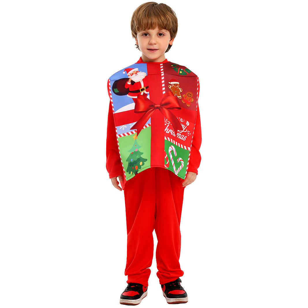 Kerstkostuum Kinderen Cadeaubox met Hoed en Baard Jumpsuit