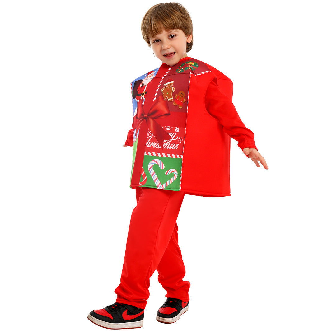 Kerstkostuum Kinderen Cadeaubox met Hoed en Baard Jumpsuit