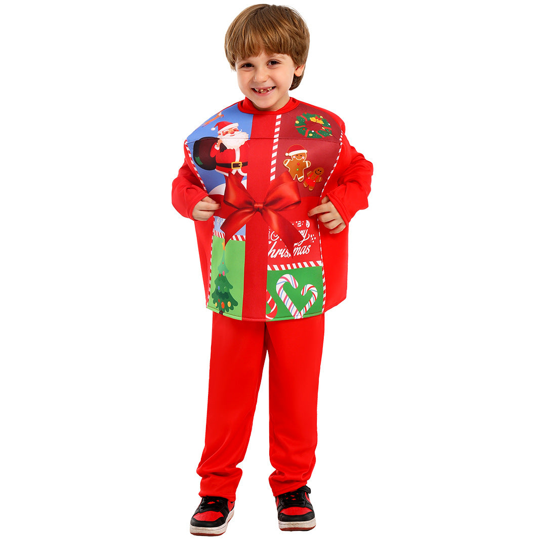 Kerstkostuum Kinderen Cadeaubox met Hoed en Baard Jumpsuit