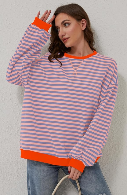 Gestreept Sweatshirt Dames – Comfortabel Overmaat Sweatshirt met Lange Mouwen