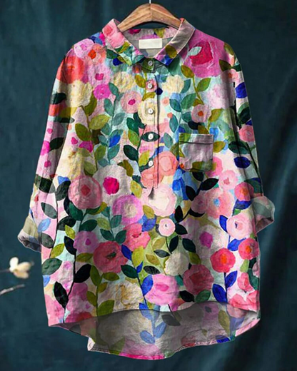 Zijde Blouse Dames – Chique Bloemenprint Blouse met Lange Mouwen en Elegante Pasvorm