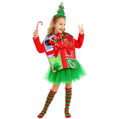 Kerstkostuum Kinderen Cadeaubox met Hoed en Baard Jumpsuit