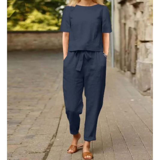 Blouse en broek dames – Korte mouwen met tailleband voor casual stijl