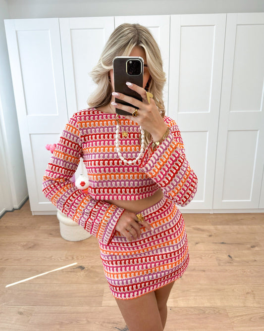 Dames Twee-Delige Set – Crop Top Lange Mouwen en Hoge Taille Minirok Getextureerd