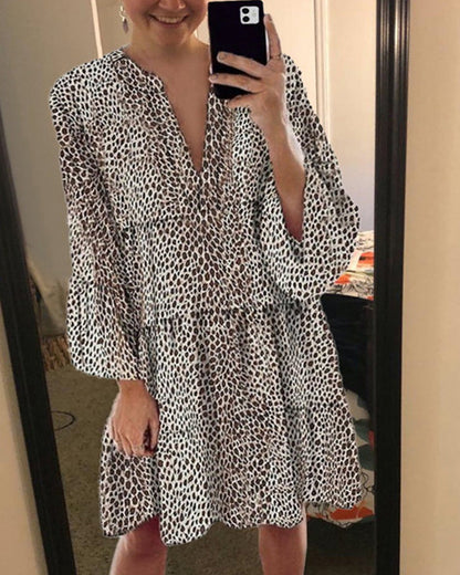 Damesjurk met luipaardprint - Elegante jurk met korte mouwen voor feest en casual