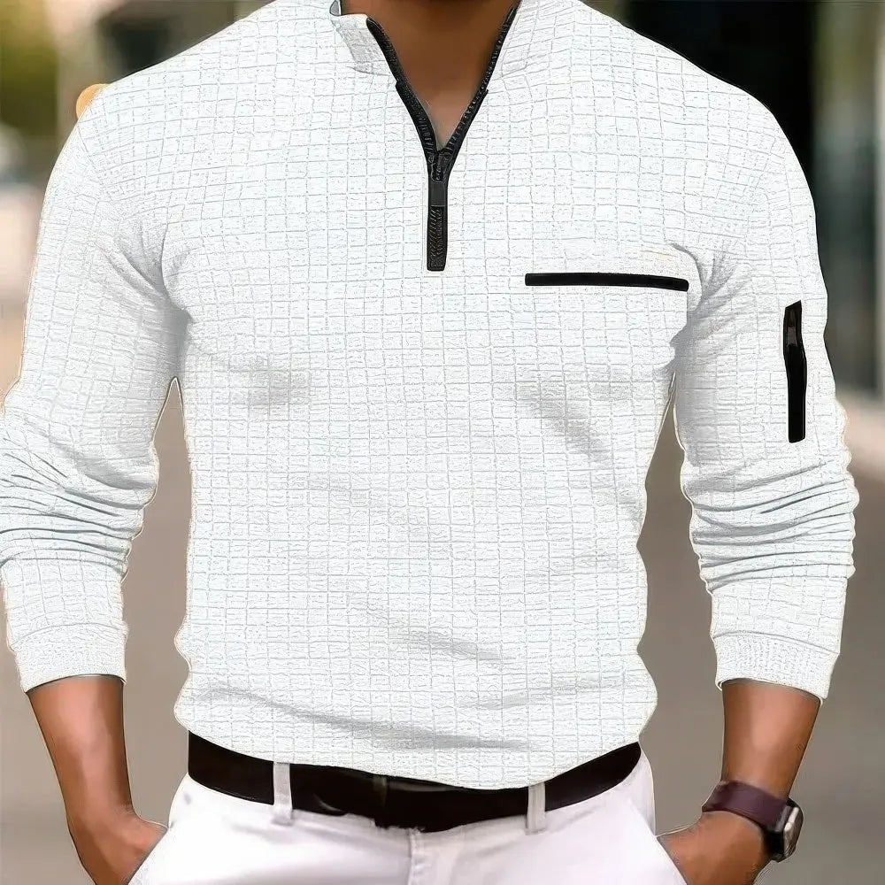 Polo Shirt Heren Casual – Lange Mouw met Zak en Rits voor Vrijetijdskleding