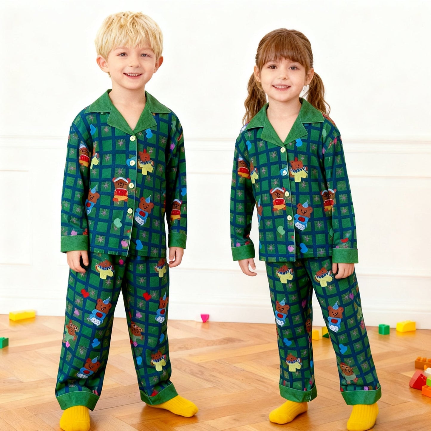 Kerst Pyjama Kinderen Unisex Lange Mouw Knopen Plaid