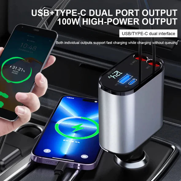 4 In 1 Uittrekbare Autolader USB Oplader Auto Accessoire