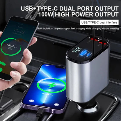 4 In 1 Uittrekbare Autolader USB Oplader Auto Accessoire