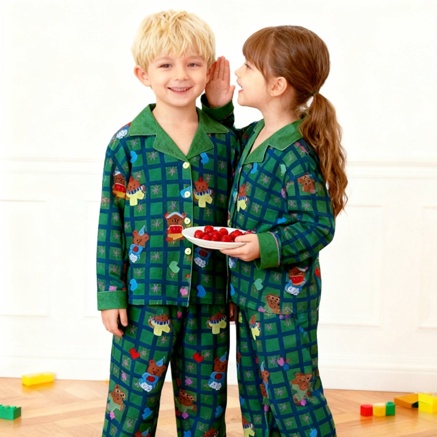 Kerst Pyjama Kinderen Unisex Lange Mouw Knopen Plaid