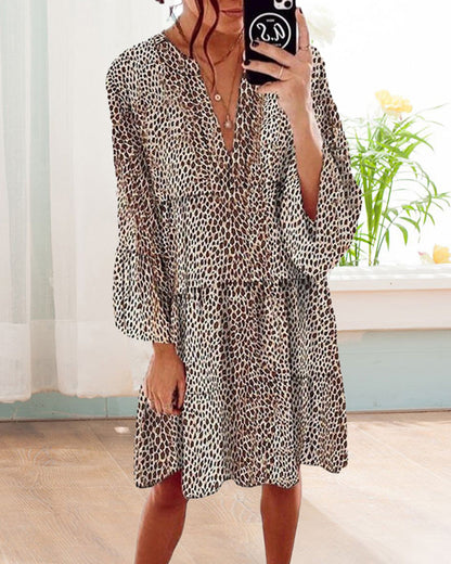 Damesjurk met luipaardprint - Elegante jurk met korte mouwen voor feest en casual
