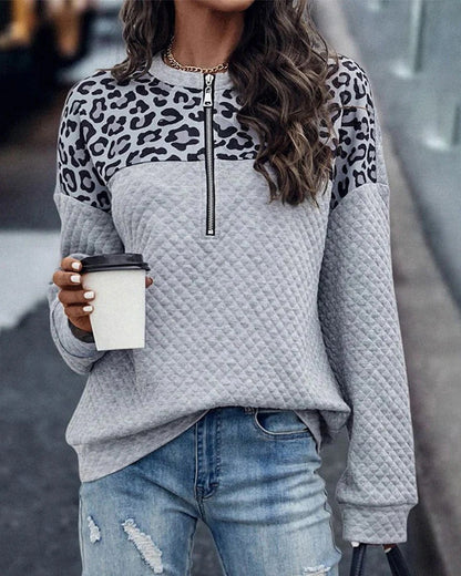 Leopard Half-Zip Pullover Dames – Trendy Damestrui met Halve Rits en Dierenprint