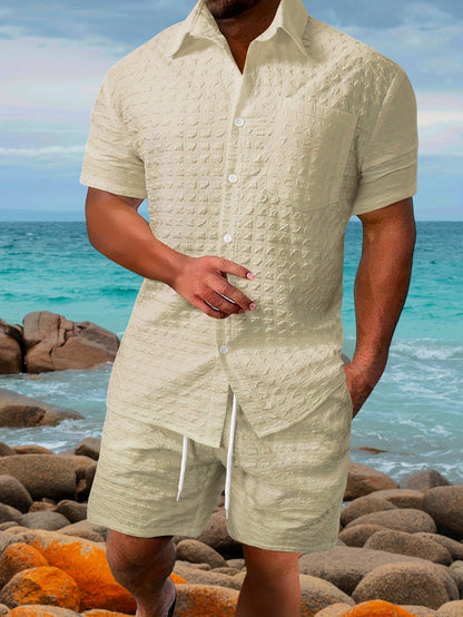 Wafelshirt en shorts heren – Comfortabele outfit met koord voor casual stijl