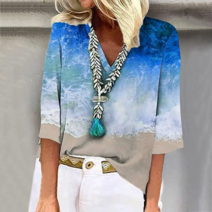 Hemd voor Dames – Oceaan Gedrukt Blouse met Korte Mouwen en Casual Stijl