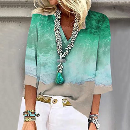 Hemd voor Dames – Oceaan Gedrukt Blouse met Korte Mouwen en Casual Stijl