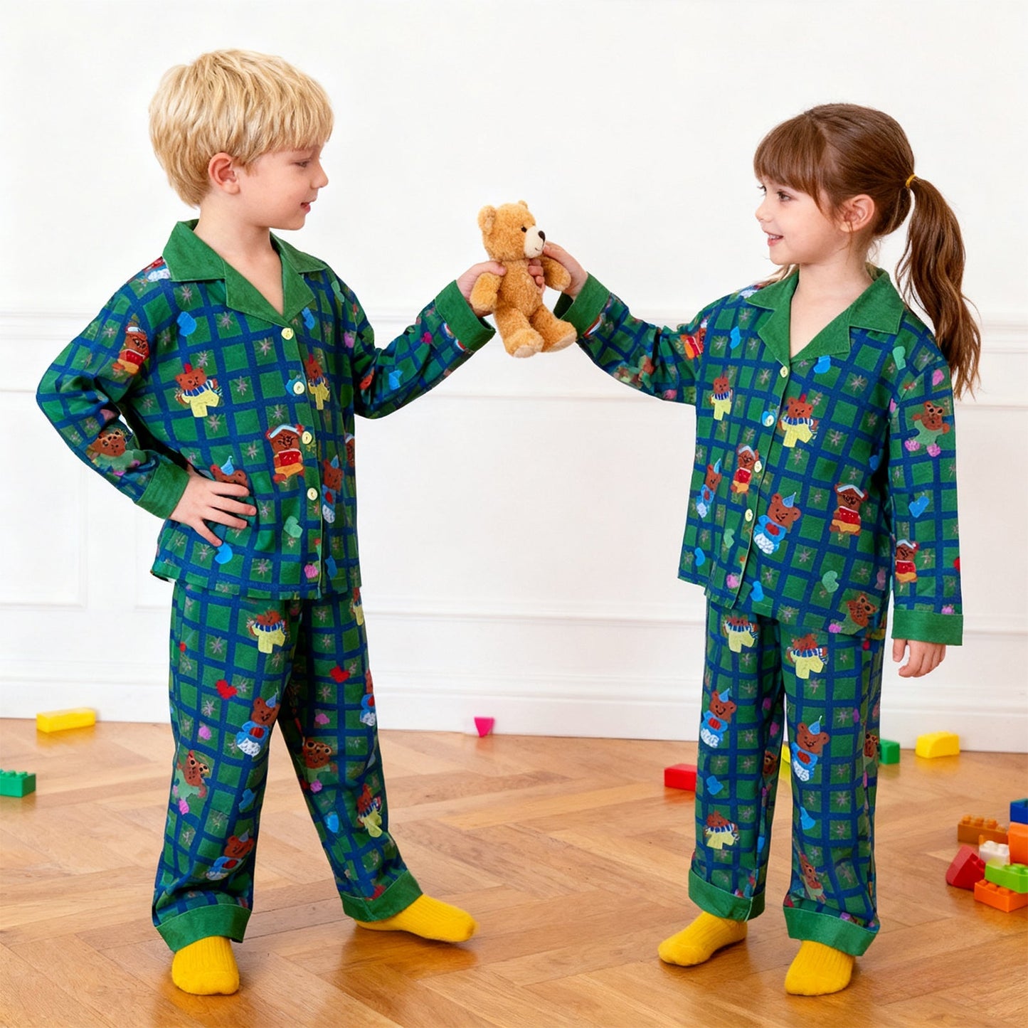 Kerst Pyjama Kinderen Unisex Lange Mouw Knopen Plaid