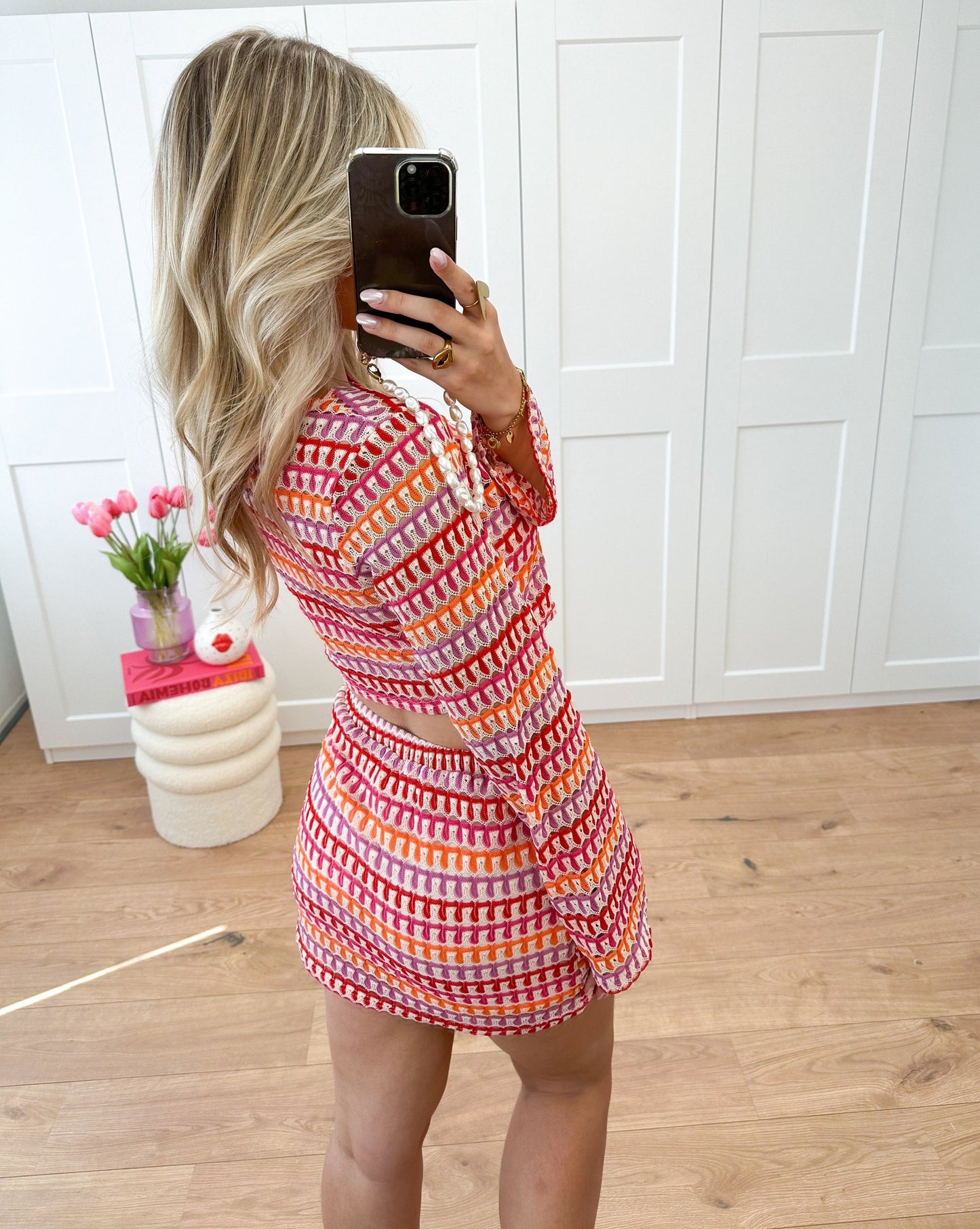 Dames Twee-Delige Set – Crop Top Lange Mouwen en Hoge Taille Minirok Getextureerd
