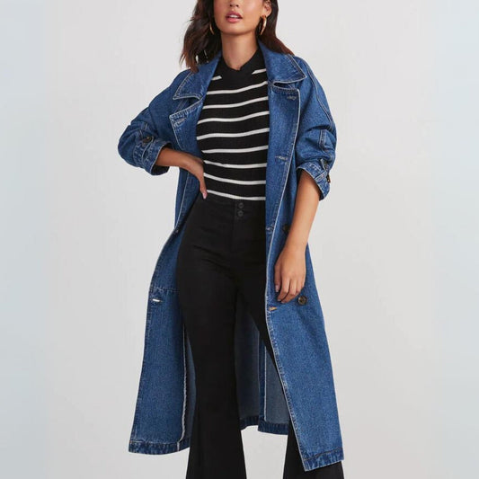 Lange Jeansmantel Dames – Modieuze Jeansjas met Oversized Pasvorm en Zakken
