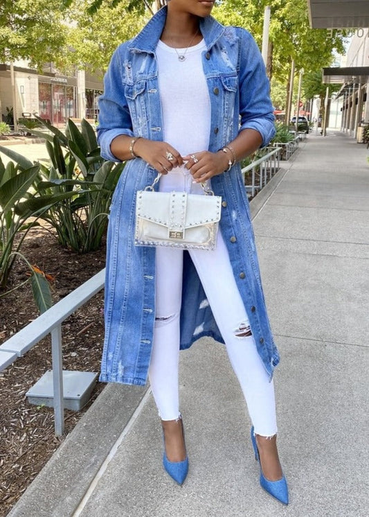 Dames Jeansjacke – Lange gescheurde denim jas voor casual stijl en comfort