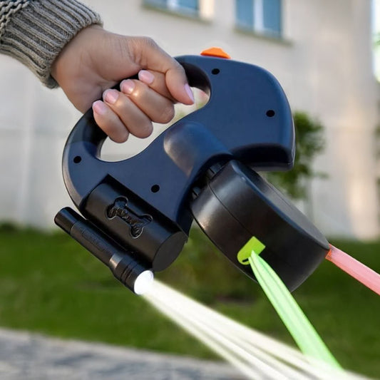 Dubbele Inrolbare Hondenriem met Zaklamp en Afvalzakhouder