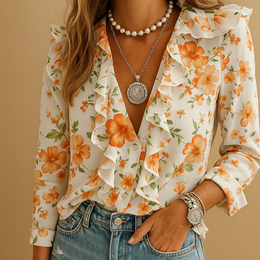 Blouse dames lange mouw – Luchtige blouse met ruches en trendy print