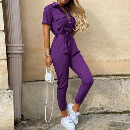 Korte Mouw Jumpsuit Dames – Elegante Jumpsuit met Ceintuur voor Feest en Casual