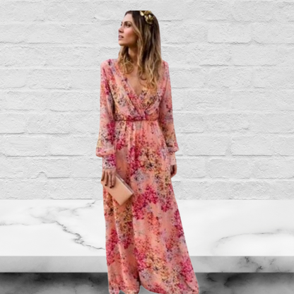 Robe Maxi Gedrukt – Roze V-Hals Lange Mouwen Jurk voor Feest en Casual