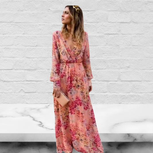 Robe Maxi Gedrukt – Roze V-Hals Lange Mouwen Jurk voor Feest en Casual