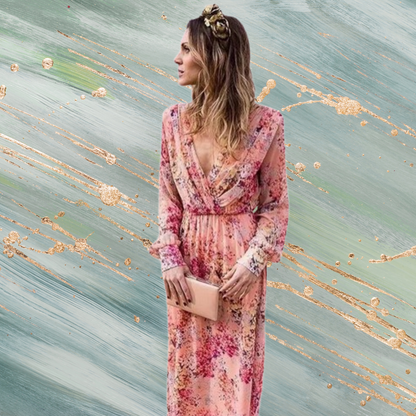 Robe Maxi Gedrukt – Roze V-Hals Lange Mouwen Jurk voor Feest en Casual