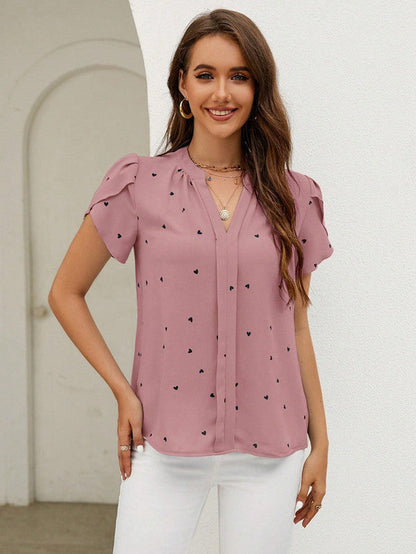 Blouse dames V-hals – Charmante blouse met hartjesprint en comfortabele pasvorm