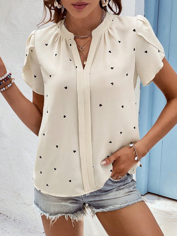 Blouse dames V-hals – Charmante blouse met hartjesprint en comfortabele pasvorm