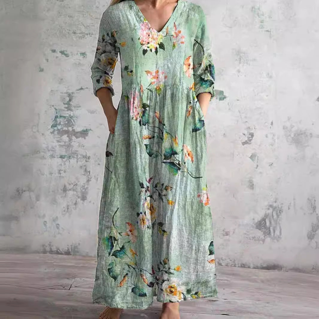 Zomerjurk Dames V-hals – Bloemenpatroon Elegante Jurk voor Zomerfeest