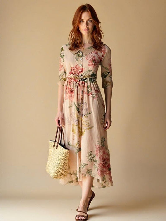 Vintage kanten jurk – Botanische bloemenprint, elegante jurk voor speciale gelegenheden