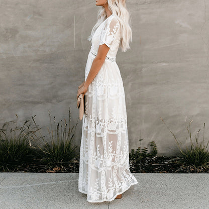 Bohemian Lange Kant Jurk – Elegante Jurk met Vrouwelijke Snit en Unieke Details