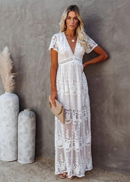Bohemian Lange Kant Jurk – Elegante Jurk met Vrouwelijke Snit en Unieke Details