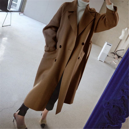 Dames mantel lang – Elegante warme winterjas met strik en hoge kraag