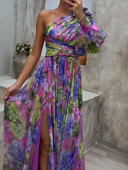 Maxi Jurk Vrouwen – Sexy Violette Jurk met Gedrukte Zijkant voor Feestelijke Gelegenheden