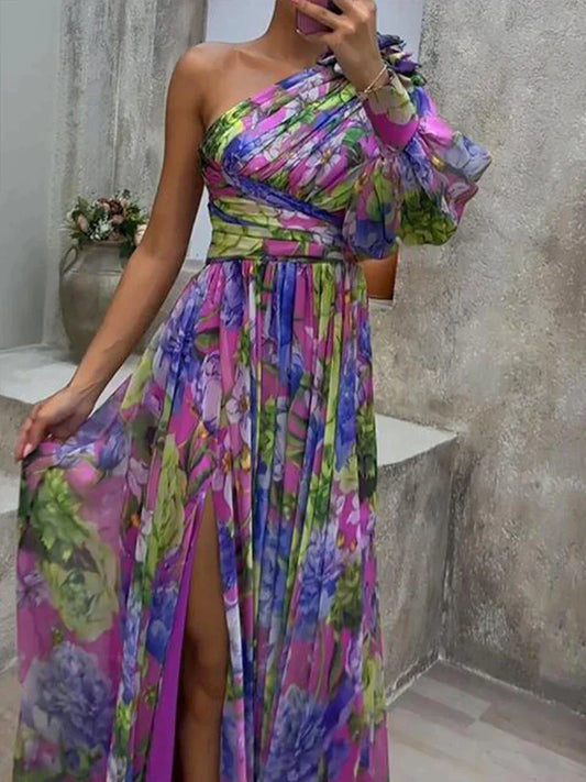 Maxi Jurk Vrouwen – Sexy Violette Jurk met Gedrukte Zijkant voor Feestelijke Gelegenheden