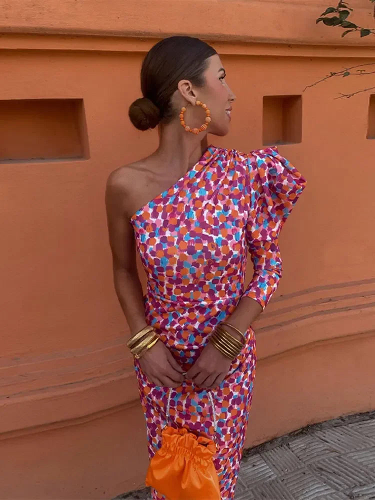 Robe schouderjurk voor vrouwen – Elegante diagonale jurk in roze voor feestelijke gelegenheden