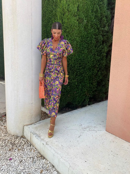Midi Jurk Trendy – Elegante Pofmouwen en Geprinte Design voor Feestelijke Gelegenheden