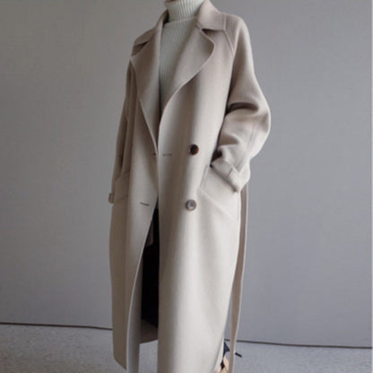 Dames mantel lang – Elegante warme winterjas met strik en hoge kraag