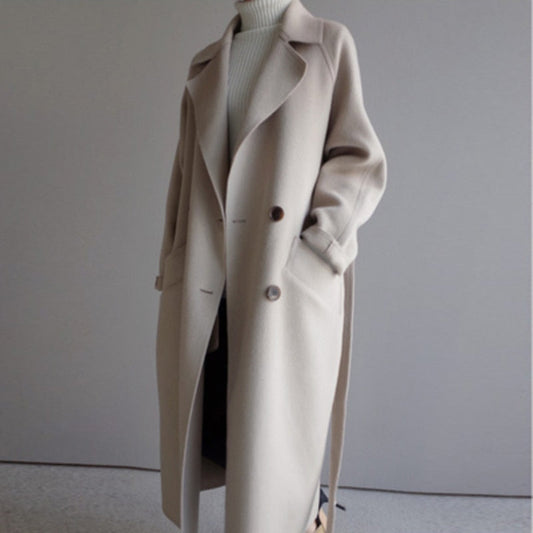 Dames mantel lang – Elegante warme winterjas met strik en hoge kraag