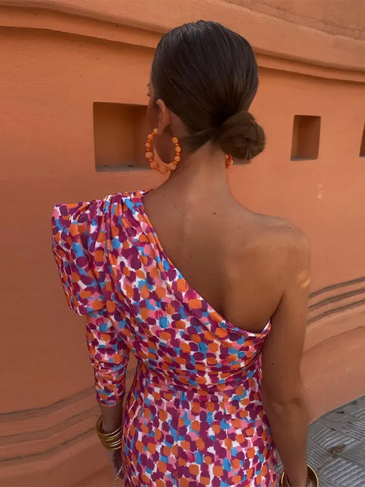 Robe schouderjurk voor vrouwen – Elegante diagonale jurk in roze voor feestelijke gelegenheden