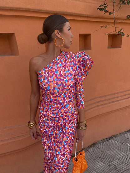 Robe schouderjurk voor vrouwen – Elegante diagonale jurk in roze voor feestelijke gelegenheden