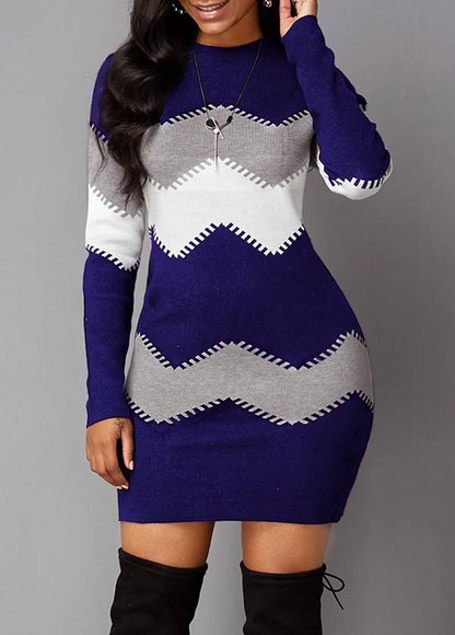 Kleurblok Tricot Jurk Dames – Elegante Zigzag Jurk voor Feest en Casual