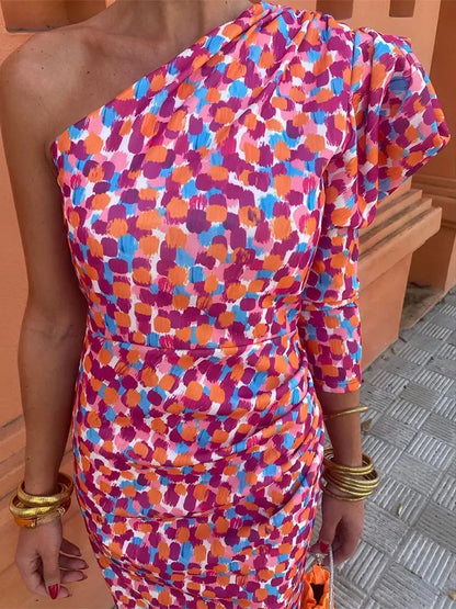 Robe schouderjurk voor vrouwen – Elegante diagonale jurk in roze voor feestelijke gelegenheden